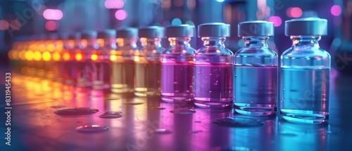 Colorful vials in a laboratory under neon lights. Scientific experiment setup with vibrant liquid samples in glass containers. Modern research facility. photo