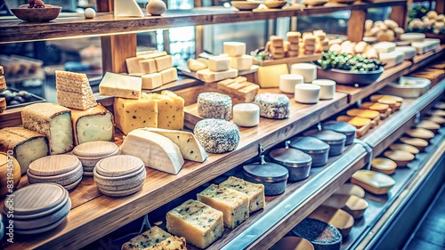 A rustic farm store presents a delightful array of artisanal cheeses. From creamy bries to robust cheddars, the counter is a symphony of textures and flavors. © hobonski