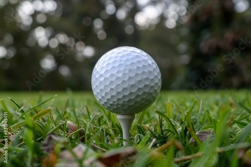 Close-up golf ball on tee with blur green bokeh background. ai generated