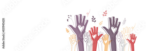 Raised hands. Volunteering, teamwork concert.