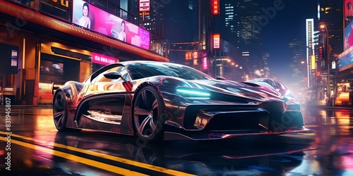 Racing through a neon cyber city at night: A futuristic car leaves glowing light trails. Concept Neon City, Futuristic Car, Light Trails, Nighttime Racing, Cyberpunk Scenery photo