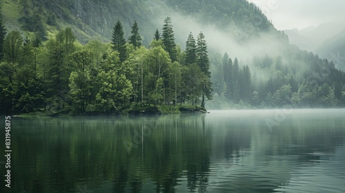 mountain scenery with a lake surrounded by tall green trees and a blue sky