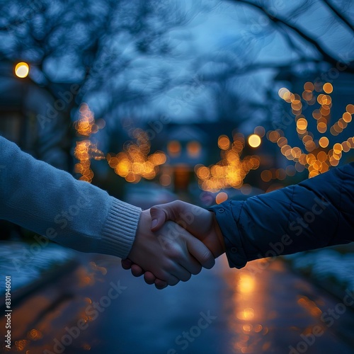 Hyper realistic photograph of hands making a deal, in the background a house in bokeh, bluish colors photo