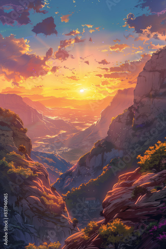 anime landscape with a mountain and valley in the background