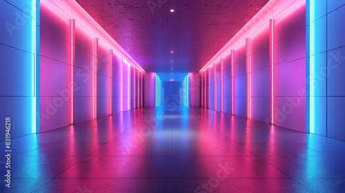 A long, brightly lit hallway with neon lights with copyspace
