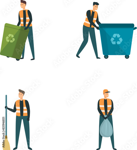 Garbage man icons set cartoon vector. Men street cleaner in uniform behind work. City service concept