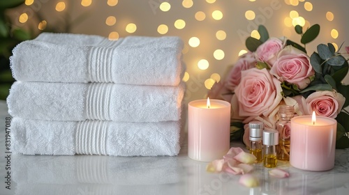 A set of white towels are stacked on top of each other  with a candle at spa