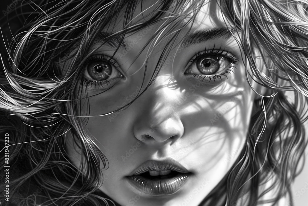 Black and white portrait of a young girl with freckles, wide expressive eyes, and tousled hair, capturing an intense, contemplative gaze with intricate shadow patterns on her face Black and white portrait of a young girl with freckles, wide expressive eyes, and tousled hair, capturing an intense, contemplative gaze with intricate shadow patterns on her face