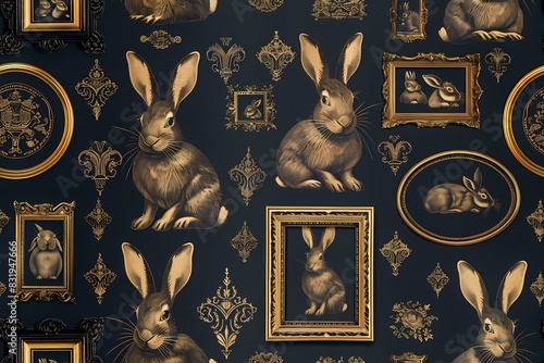 Cute seamless bunny pattern on dark background photo