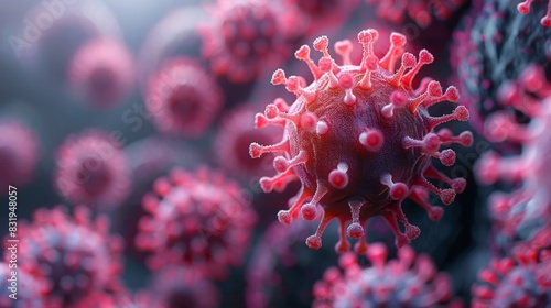 A high-resolution micrograph of virus particle. The image should be in red tone, with the spherical core and spiky protein envelope clearly visible.