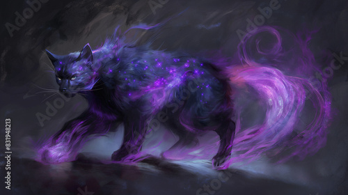 purple and black cat with glowing tail and tail photo