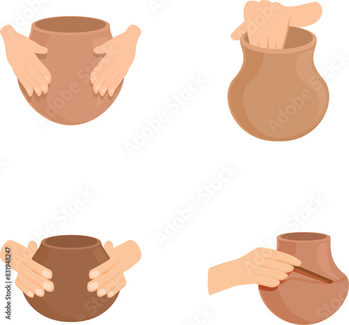 Pottery craft icons set cartoon vector. Creating clay vase on wheel. Pottery master class