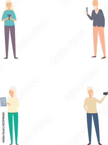 Active senior icons set cartoon vector. Modern grandparent actively spends time. Longevity concept