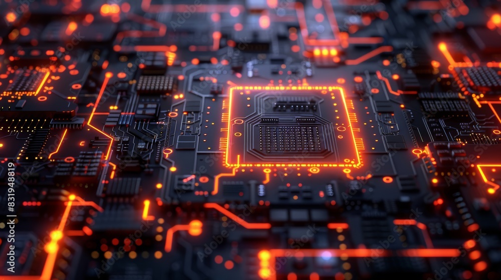 Close-up of a glowing microchip on a circuit board, showcasing futuristic technology and intricate electronic details. Close-up of a glowing microchip on a circuit board, showcasing futuristic technology and intricate electronic details.