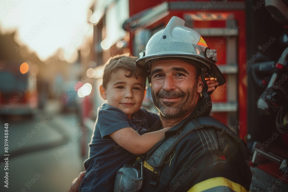 A caring fireman holds a young boy, offering a sense of safety and warmth during a casual moment A caring fireman holds a young boy, offering a sense of safety and warmth during a casual moment