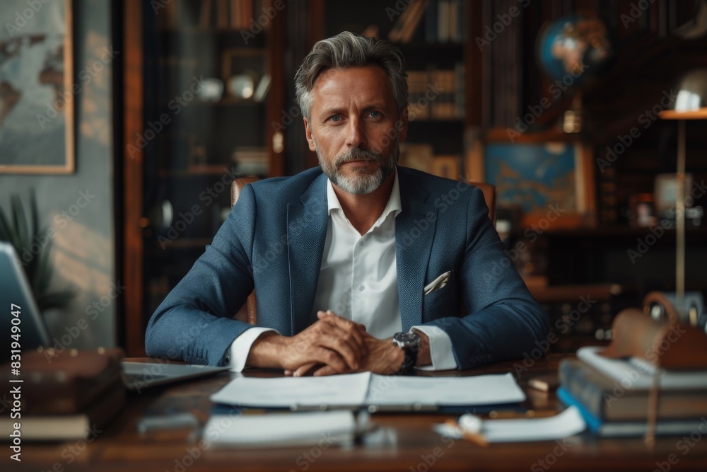 A pensive businessman with a serious expression sits at his desk in a luxurious home office, representing success and determination A pensive businessman with a serious expression sits at his desk in a luxurious home office, representing success and determination