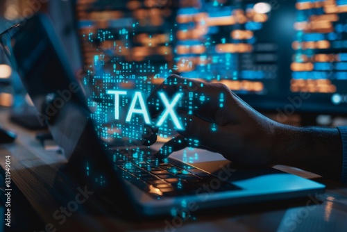 An individual's hands are visible using a laptop to file taxes with digital TAX letters floating in the air