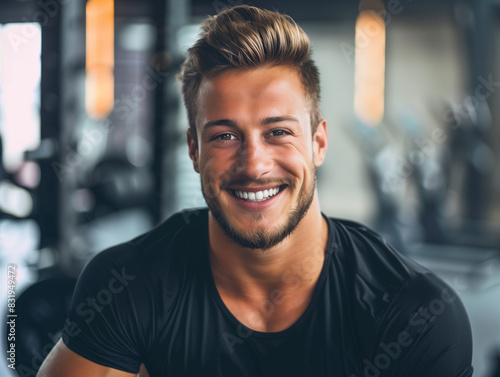 smiling man in black shirt in gym with weights behind him photo