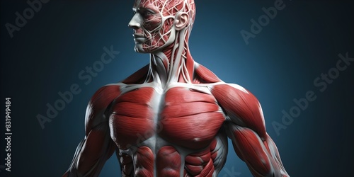 Illustration of muscular system highlighting muscle connections and interrelations for anatomy study. Concept Muscular System Illustration, Anatomy Study, Muscle Connections, Interrelations photo