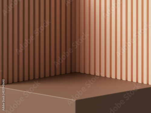 Empty wood product display corner wall background with wooden 3d interior room backdrop stand show mockup minimal pedestal podium platform stage blank presentation studio luxury brown table floor.