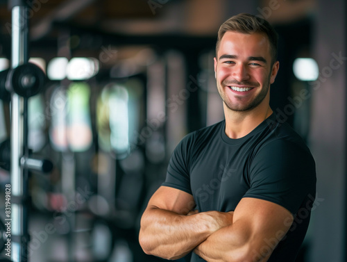 arafed man in a black shirt standing in a gym