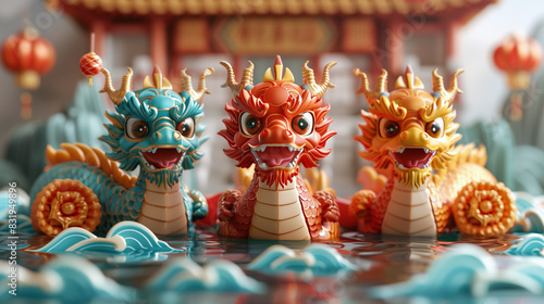 there are three figurines of dragon statues in front of a building photo