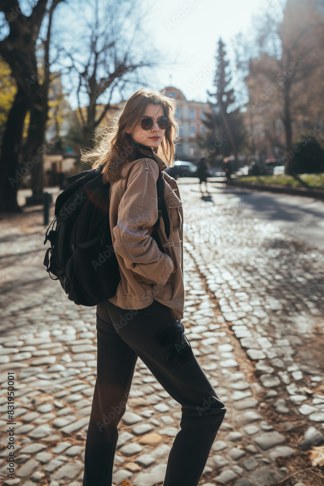 araffe woman with a backpack walking down a cobblestone street