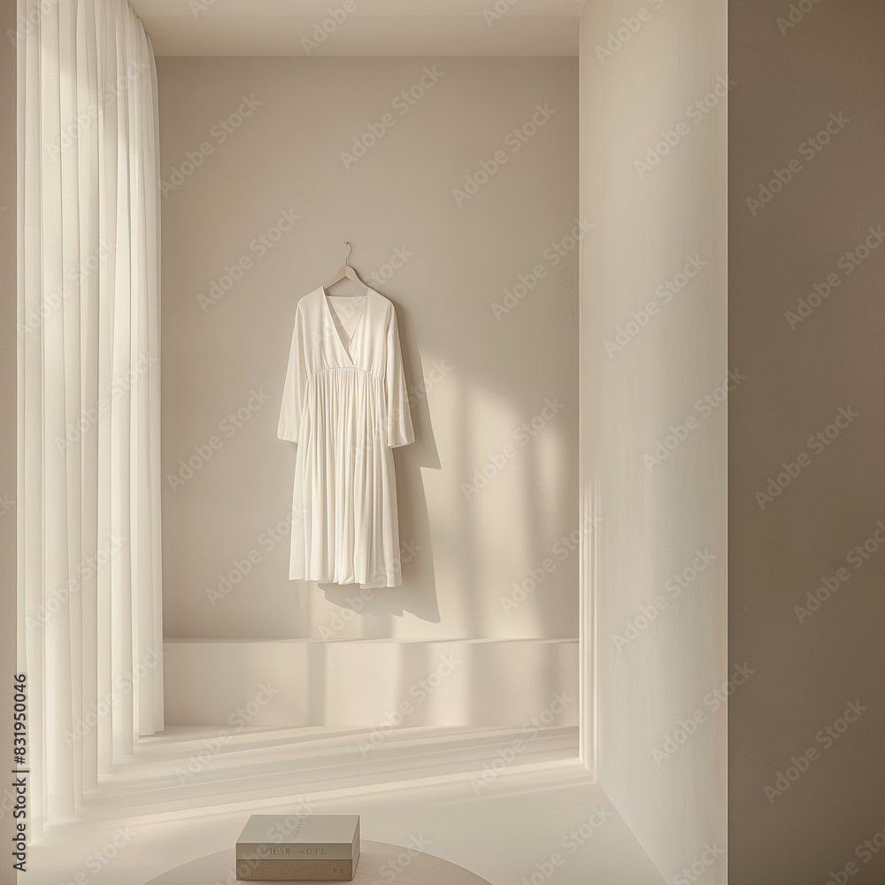 there is a white robe hanging on a white wall in a room