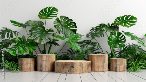A room abundantly filled with various types of tropical plants and wooden stumps spread around the space © Hryhor Denys