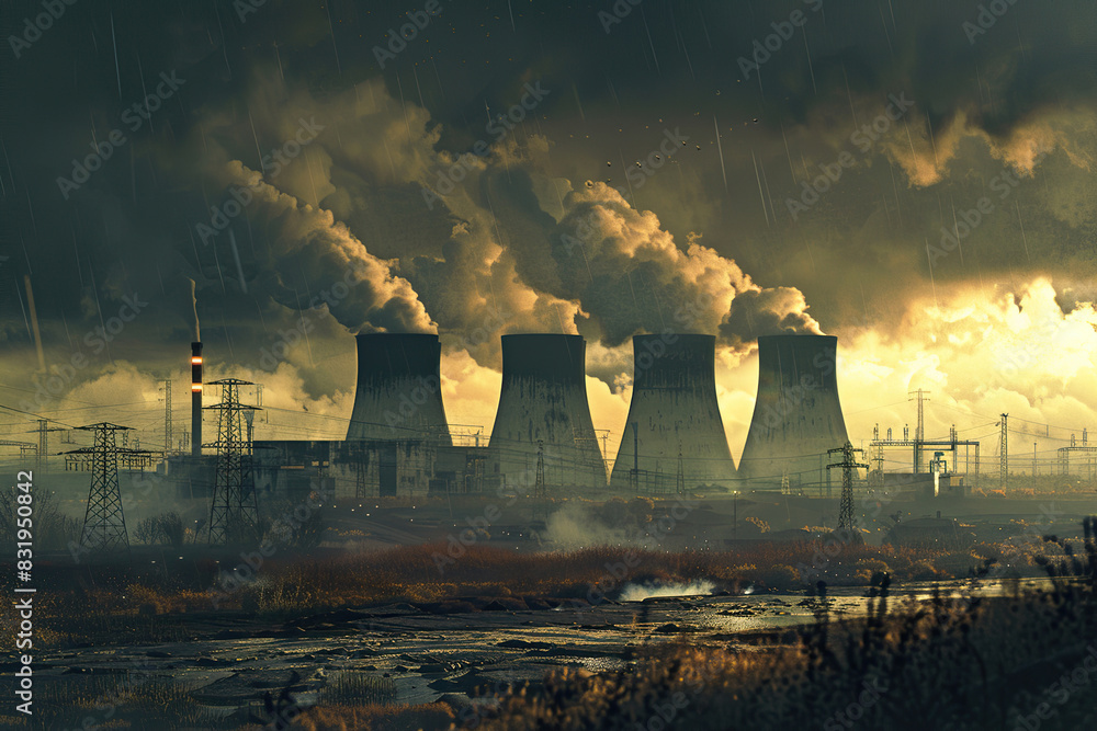 Fototapeta premium Generative ai on theme of nuclear power plant made of huge smokestacks polluting the environment