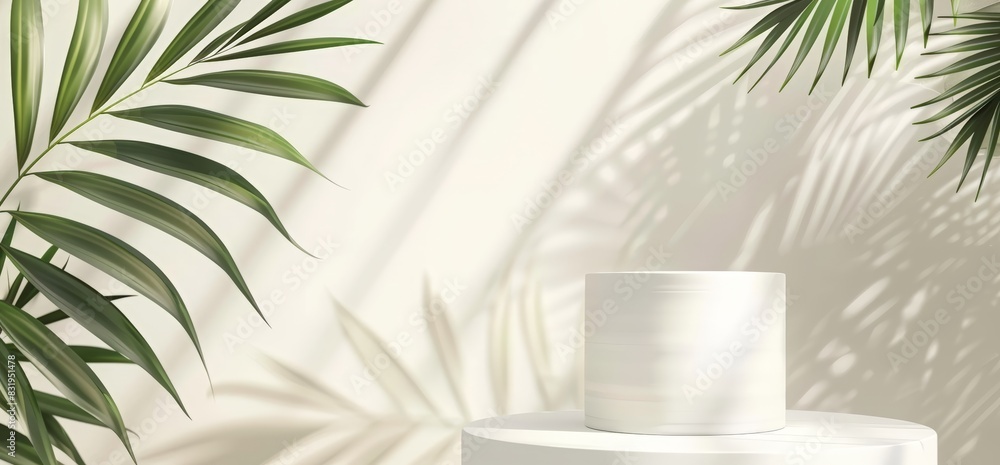 3d white cylinder podium with palm leaves on light background for product presentation, mockup design template