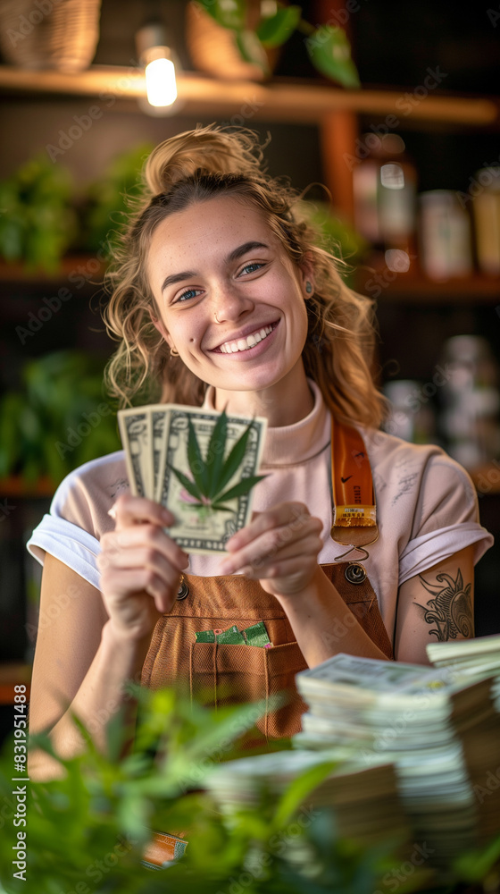 smiling woman holding a stack of money in front of a plant