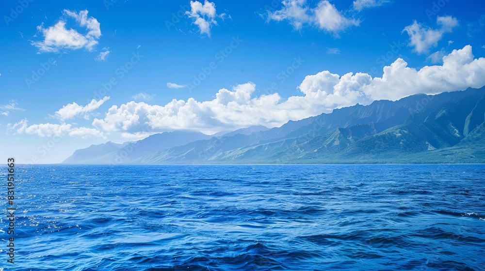 A blue ocean with a few waves and mountains in the background