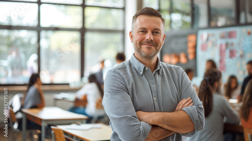 An older male instructor stands smiling with arms crossed in front of a classroom with students