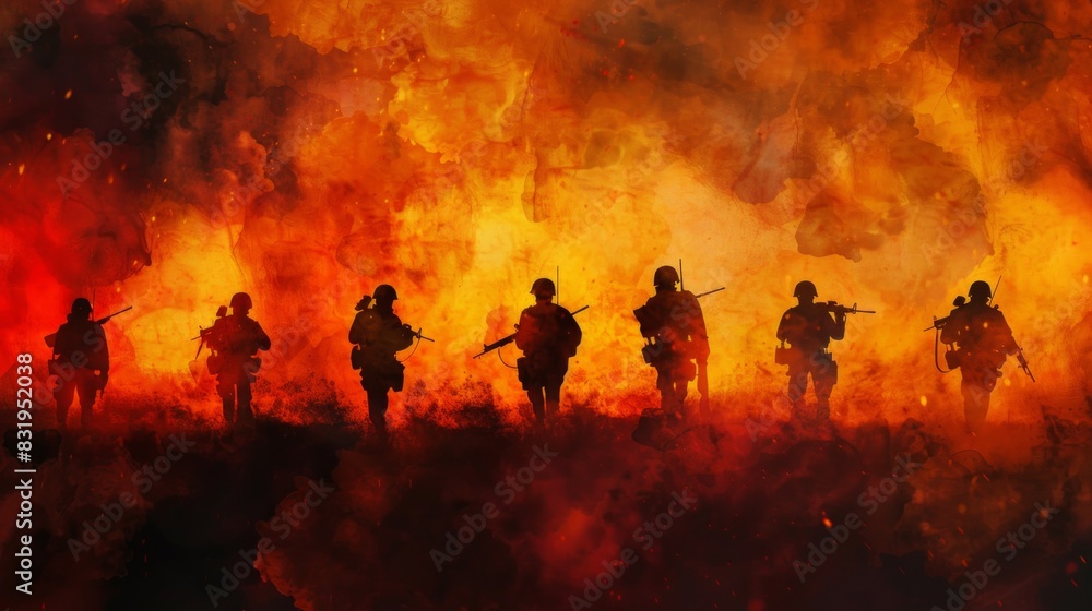 group of soldiers are walking through a city with a lot of fire and smoke fire red color background watercolor illustration group of soldiers are walking through a city with a lot of fire and smoke fire red color background watercolor illustration