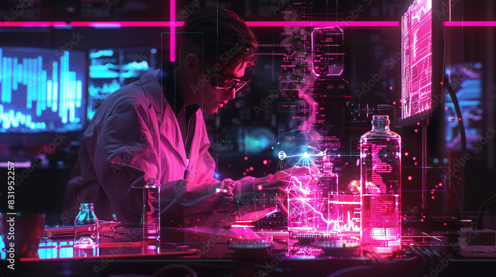 A scientist in a modern lab working on a computer with machine learning algorithms, surrounded by futuristic technology and data graphs