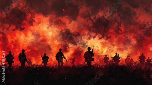 group of soldiers are walking through a city with a lot of fire and smoke fire red color background watercolor illustration photo