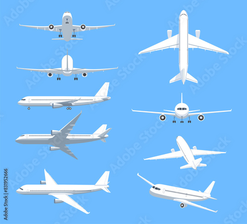 Set of Airplanes in different angles. Top and side view of passenger jet or cargo aircraft flying in sky. Icons with planes and air transport. flat vector illustrations isolated on background