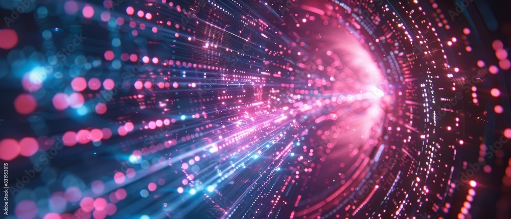 Naklejka premium Abstract glowing lines and light spots representing data transmission, technology, and futuristic design in vibrant pink and blue colors.