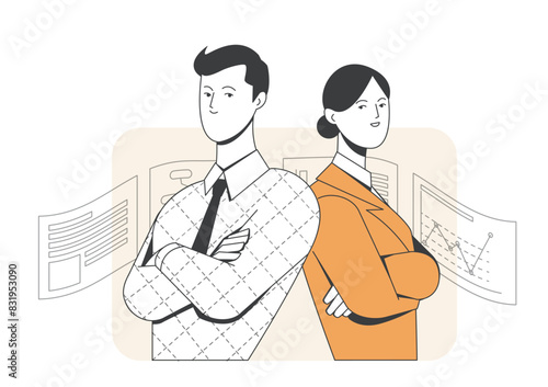 Business activity scene. Portrait of man and woman entrepreneurs or office workers and employees. Partnership, teamwork and collaboration. Flat vector illustration isolated on white background
