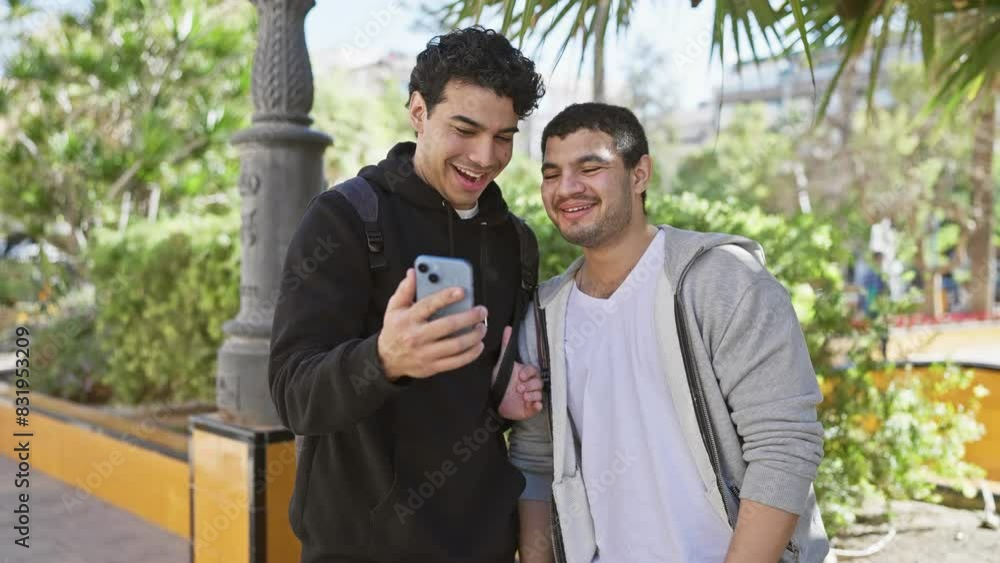 Two men sharing a laughter while looking at a smartphone in a lush city park Two men sharing a laughter while looking at a smartphone in a lush city park