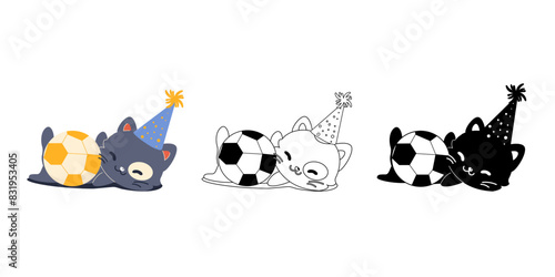 Funny birthday cartoon cat playing with a ball