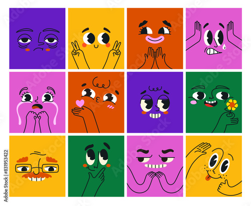 Set of different doodle faces. Adorable diverse characters show funny hand gestures and express emotions. Cute multicolored avatars. Cartoon flat vector collection isolated on white background