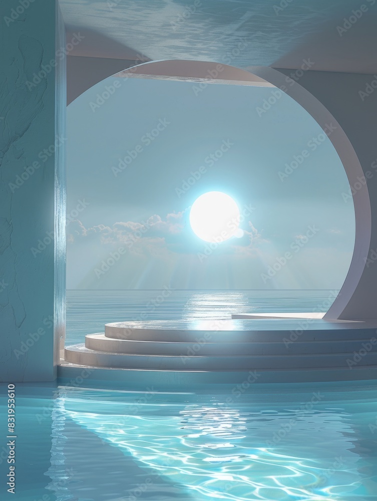 Fototapeta premium Minimalist Seaside Stage: Blue Circular Platform Amidst Water