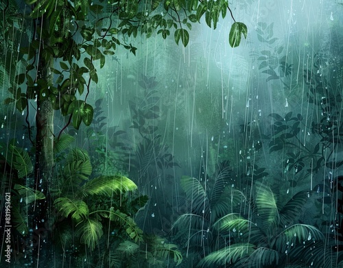 A calming  rain forest background with dense greenery and gentle rain.