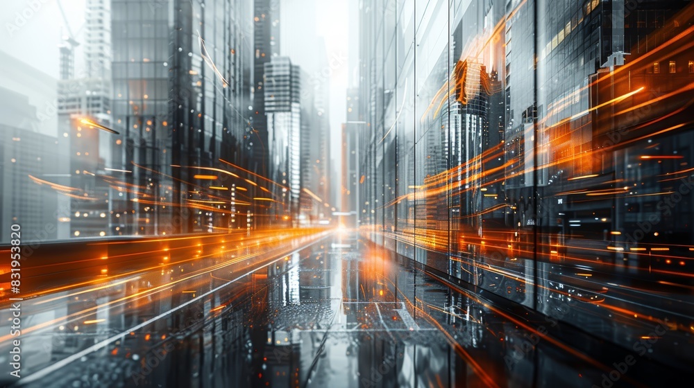 Abstract futuristic cityscape with motion blur and glowing orange lights, representing speed and technology in an urban environment.