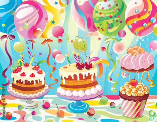 A cheerful  birthday party background with confetti  balloons  and cakes.