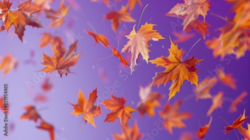 autumn leaves are flying on a purple background