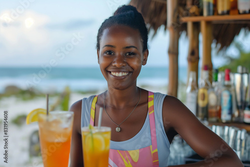 smiling beautiful woman barman at beach bar making cocktail at summer time by the ocean photo