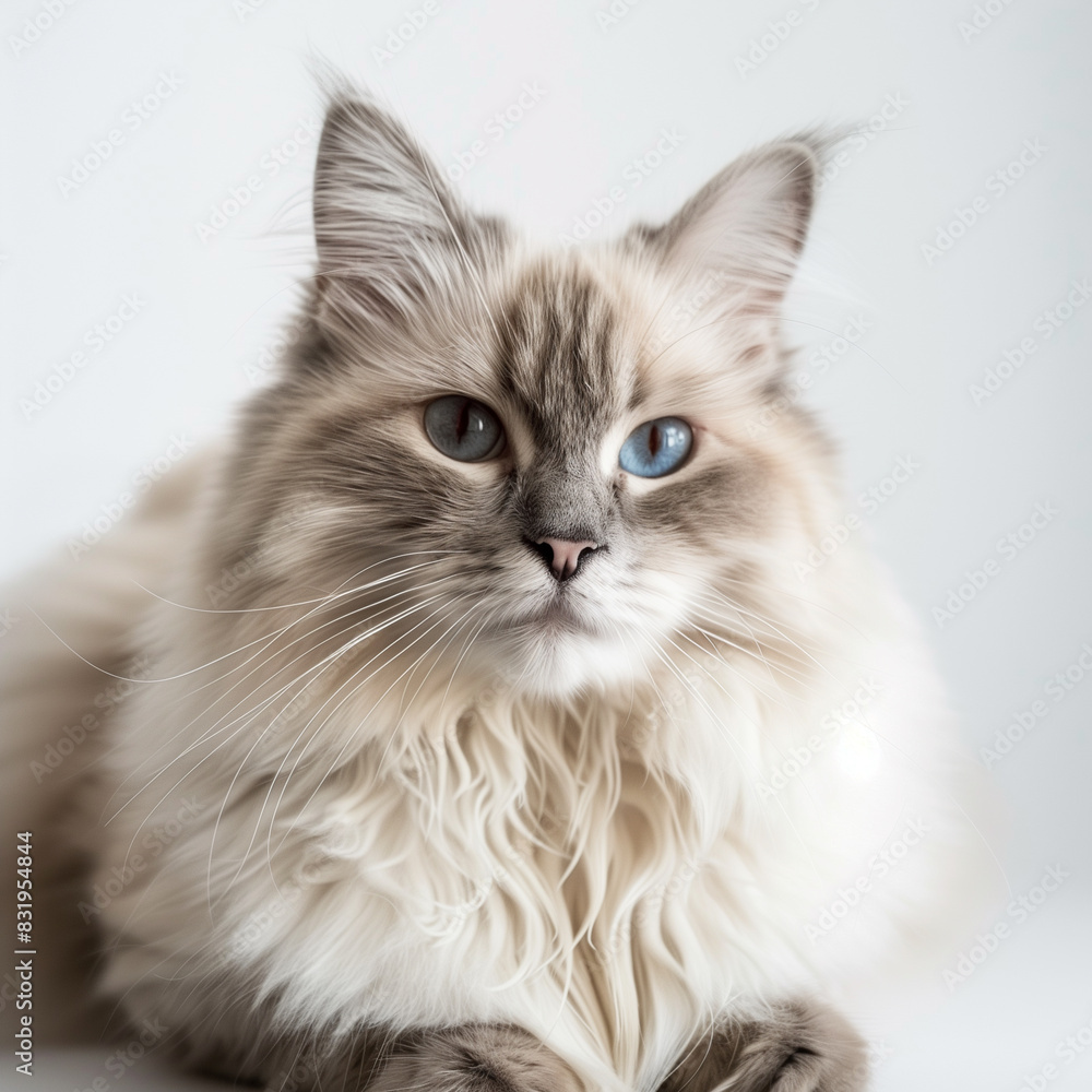 there is a fluffy cat with blue eyes sitting on a white surface